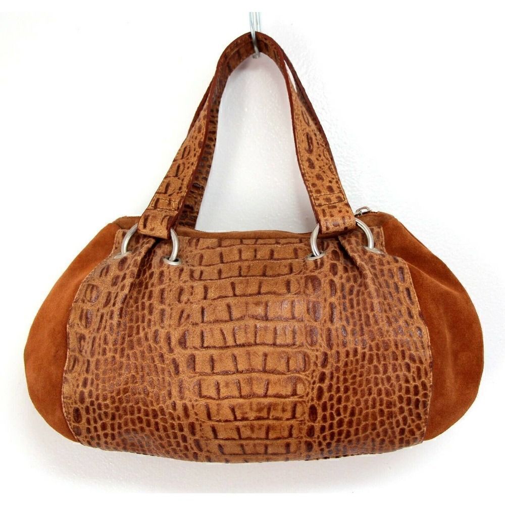 CB Pelletterie BROWN CROCO EMBOSSED GENUINE LEATHER ZIP TOP SMALL HANDBAG PURSE